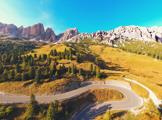 Mountain landscape in the autumn. View at Gardena Pass in The Dolomites. Bolzano-South Tyrol, Italy - obrazy, fototapety, plakaty