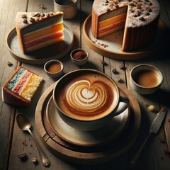 Coffee and biscuit cake photo with a balanced setup, warm colors, and soft light. The cake slices are neatly arranged next to a coffee cup, and the picture focuses on their details.