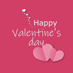  Illustration. The inscription Happy Valentine's Day isolated on a pink background and two pink origami hearts. Valentine's day celebration concept.