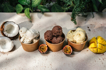 Vegan coconut, mango and chocolate ice cream