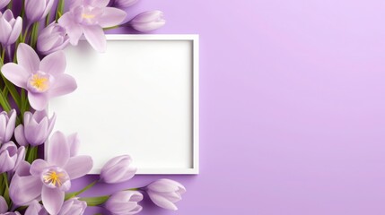 Blank photo frame with crocuses flowers arrangement on light violet background, Top view, Copy space