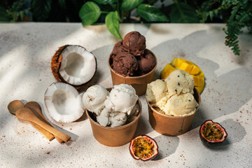Vegan coconut, mango and chocolate ice cream