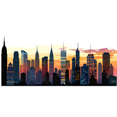 City skylines at sunset: silhouetted buildings and twilight hues isolated on white background, outline, png
