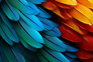 Obraz premium parrot feathers seen under a microscope with exaggerated contrast , soft shadow, volumetric lighting created with Generative Ai