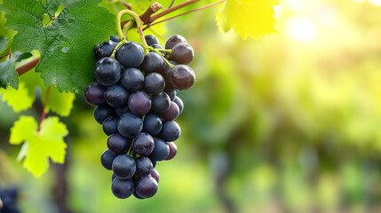 Bunch of Black Wine grape over green natural vineyard garden background, Kyoho Grape with leaves in...