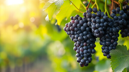 Bunch of Black Wine grape over green natural vineyard garden background, Kyoho Grape with leaves in...