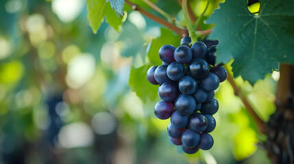 Bunch of Black Wine grape over green natural vineyard garden background, Kyoho Grape with leaves in blur background. Made with generative ai