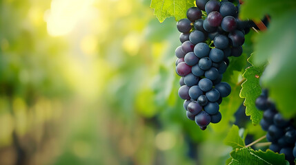 Bunch of Black Wine grape over green natural vineyard garden background, Kyoho Grape with leaves in blur background. Made with generative ai