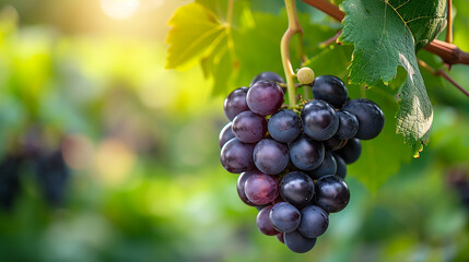 Naklejka premium Bunch of Black Wine grape over green natural vineyard garden background, Kyoho Grape with leaves in blur background. Made with generative ai