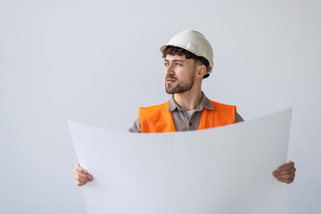 Graphics, floor plan and construction with contractor on white background for inspection