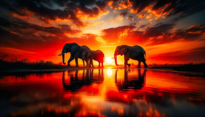 On safari in Botswana, Namibia, Zimbabwe, or South Africa, you can may see a herd of African elephants at sunset.