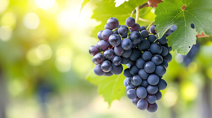 Bunch of Black Wine grape over green natural vineyard garden background, Kyoho Grape with leaves in blur background. Made with generative ai