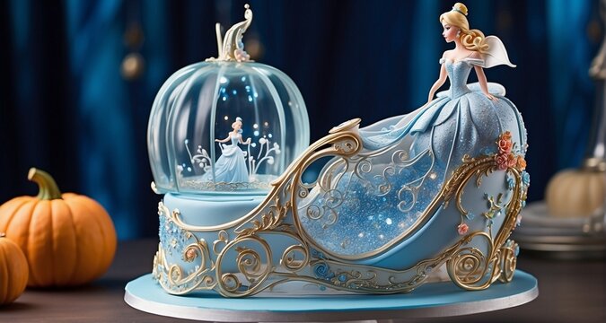 "Create visually stunning and ultra-realistic Cinderella-themed cake images that capture the enchantment of the fairy tale. Incorporate intricate details of Cinderella's iconic glass -AI Generative