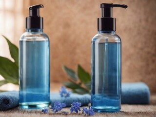 Bottles on the background of the spa room. Skin care serum or natural cosmetics with essential oil