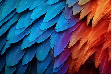 Obraz premium parrot feathers seen under a microscope with exaggerated contrast , soft shadow, volumetric lighting created with Generative Ai