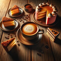 Delicious coffee with a tasty biscuit cake. The photo shows them on a table with nice colors and good lighting. The food looks great, and everything is clean and neat.