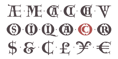 Carolingian Majuscule Dollar, Euro, Percent, Ligatures. Old Romanesque font from 13th century. Square Capitals from medieval manuscript. Upper-case lettering, base for Lombardic capitals.