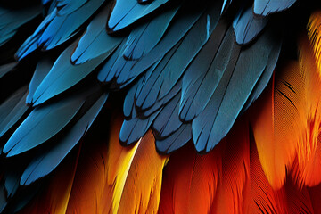 Obraz premium parrot feathers seen under a microscope with exaggerated contrast , soft shadow, volumetric lighting created with Generative Ai