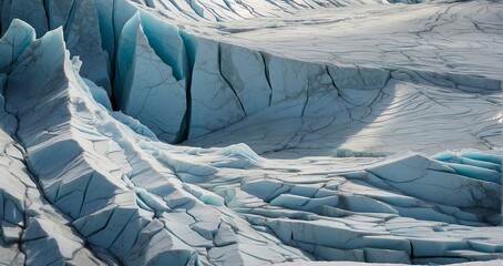 A close-up view of a glacier, with intricate patterns and layers of ice glistening in the sunlight, showcasing the beauty and complexity of nature - Generative AI
