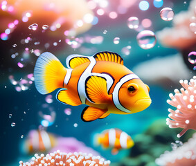 Fototapeta na wymiar 흰동가리 크라운 노란색 물고기, 해수어, 바닷속 물고기, 바다 물고기, 