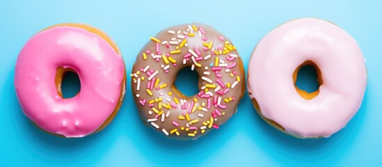 Colorful Sweet donuts with various toppings isolated on light blue background. Generate AI image