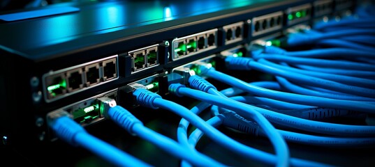 Close up of network ethernet cables plugged into switch for high speed internet connection