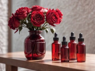 Obraz na płótnie Canvas red glass bottles on the background of the spa room. Skin care serum or natural cosmetics with essential oil, roses on the table