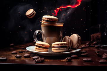 Coffee, macarons, epic, cinematic lighting, hyperrealistic photograph created with Generative Ai