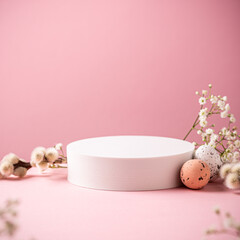 Abstract empty white podiums for products presentation or exhibitions on pink background with Easter quail eggs. Trend Concept with copy space.