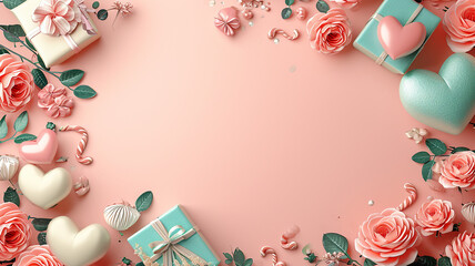 Fototapeta premium Valentines day Background with copy space for text 3d love, heart and tiny flower blank space for text