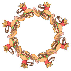 fast food frame with hand drawn coffee, hot dog and burger