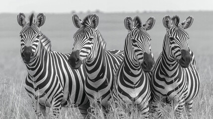 Fototapeta na wymiar Monochrome image of four zebras in a line, facing the camera in natural habitat.