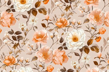 Tan and orange flowers seamlessly intertwine in this pattern, Dark pink and pink hues add a touch of elegance, capturing the essence of the southern countryside