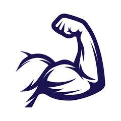 Power hand, muscular arm, bicep. Gym, wrestling, powerlifting, bodybuilding, champion, sport symbol. Vector illustration. - obrazy, fototapety, plakaty