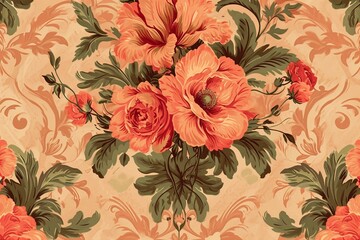 A seamless pattern of tan and orange flowers,featuring dark pink and pink hues. The design evokes the charm of the southern countryside, reminiscent of slide film with precise detailing