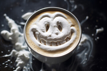 latte art, milk foam forms a smiley face, cinematic lighting, hyperrealistic photograph created with Generative Ai