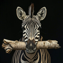 Zebra holding wood
