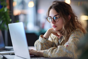 Young busy professional business woman employee or student using laptop watching online webinar or training web course, looking at computer, thinking, elearning, doing research concept, Generative AI
