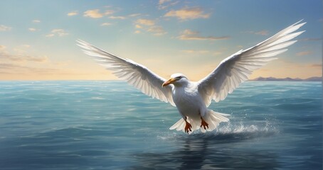 A graceful bird soaring over a vast ocean, its wings skimming the surface of the water as it searches for its next meal - Generative AI