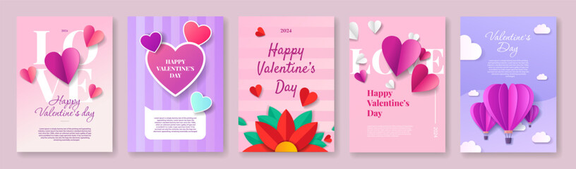 Valentin day concept posters set. Vector illustration. Paper hearts, clouds. Cute love sale banner - obrazy, fototapety, plakaty