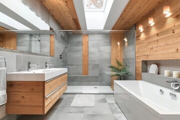 Modern bathroom interior with wooden decor and free-standing bathtub, shower cabin