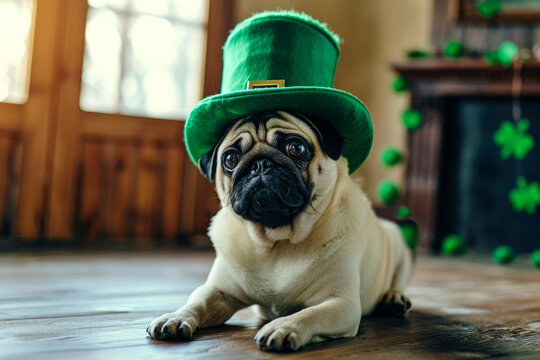 St.Patrick 's Day. Pug dog sitting in a green leprechaun hat