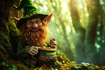 St.Patrick 's Day. fairy leprechaun sits under a tree in the forest with a pot of gold - obrazy, fototapety, plakaty