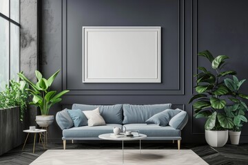 The layout of the picture frame in the modern interior of the living room with a sofa