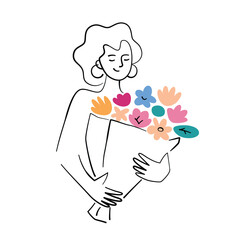 Happy woman with flower bouquet, vector illustration for Valentines Day, Mothers Day greeting card, floral present for birthday, female character with beautiful flower composition