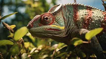 Fototapeta premium Giant chameleon blending seamlessly with its surroundings as it moves through dense foliage