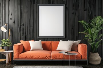 The layout of the picture frame in the modern interior of the living room with a sofa