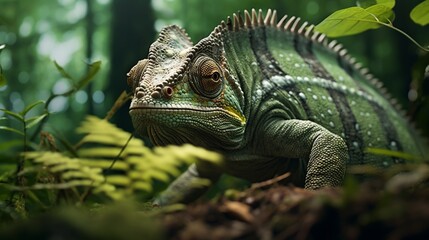 Obraz premium Giant chameleon blending seamlessly with its surroundings as it moves through dense foliage
