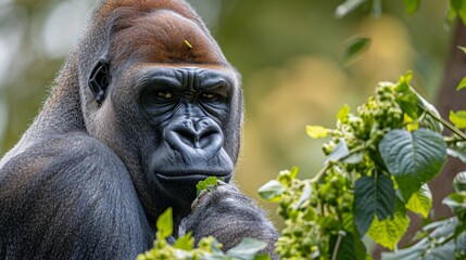 Obraz premium Noble silverback gorilla, the leader of its close-knit family, displaying strength and intelligence