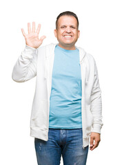 Middle age arab man wearing sweatshirt over isolated background showing and pointing up with fingers number five while smiling confident and happy.